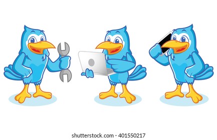 Blue Jay Mascot With Phone And Laptop