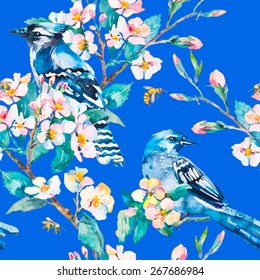 Blue jay on a flowering branch. Honeybee. Spring pattern. Vector. Watercolor.blue background.