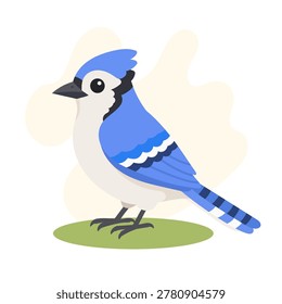 Blue jay standing on green grass in cute flat vector style, Cyanocitta cristata feathers glowing brightly, Blue jay woodland icon art