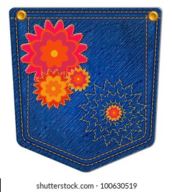 Blue Jean Pocket - Jean Pocket decorated with bright flowers and gold stitching