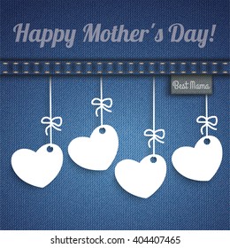 Blue jeans with 4 hanging hearts for Mother's Day. Eps 10 vector file.