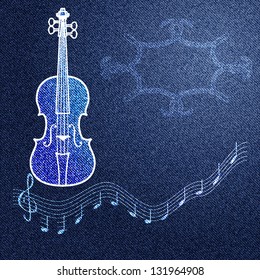 Blue jeans background with a pattern on a musical theme and the vignette. Vector illustration