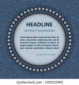 Blue jeans circle frame with sequins and text inside.