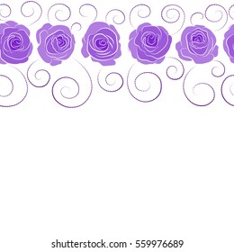 Blue jeans cloth. Jeans background with purple and violet rose flowers and copy space (place for your text). Horizontal vector stylized roses. Denim floral background. Denim seamless pattern.