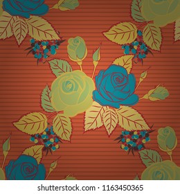 Blue jeans cloth. Denim seamless pattern. Jeans background with orange, yellow and blue rose flowers. Denim floral background. Vector stylized roses.