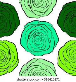 Blue jeans cloth. Denim seamless pattern. Jeans background with green rose flowers. Denim floral background. Vector stylized roses.