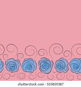Blue jeans cloth. Horizontal vector stylized roses. Denim seamless pattern. Denim floral background. Jeans background with blue and pink rose flowers and copy space (place for your text).