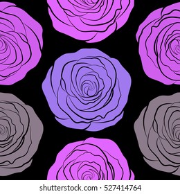 Blue jeans cloth. Vector stylized roses. Denim seamless pattern. Denim floral background. Jeans background with violet and neutral rose flowers.