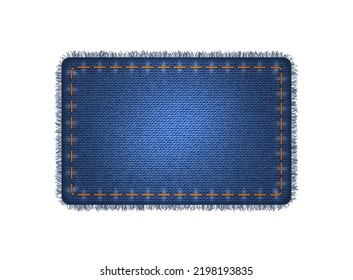 Blaue Jeans denim Texturpflaster rechteckig. Realistisch robustes Baumwollgewebe aus Jeans-Etiketten mit Fadenheften und zerrissenen Rändern. Vektorgrafik