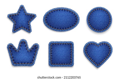 Blue jeans denim texture patches and labels. Vector crown, circle and heart star, cube. Realistic sturdy cotton twill fabric of denim jeans patches with yellow thread stitches and torn fringes edges