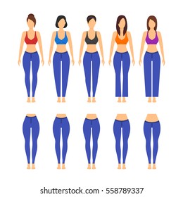 Blue Jeans Different Model and Fit for Women and Girl Flat Design Style. Vector illustration