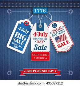 Blue Jeans Fabric With 3 Price Stickers For Independence Day. Eps 10 Vector File.