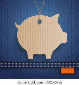 Blue jeans fabric with carton piggy bank price sticker. Eps 10 vector file.