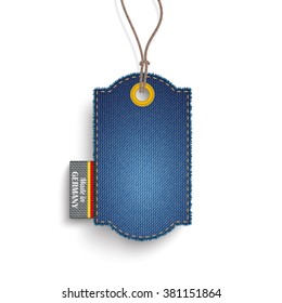 Blue jeans fabric classic price sticker with label and text Made in Germany. Eps 10 vector file.