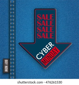 Blue jeans fabric with down arrow for cyber monday sale ribbon. Eps 10 vector file.