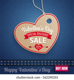 Blue jeans fabric with heartshape carton price sticker for Valentines Day Sale. Eps 10 vector file.