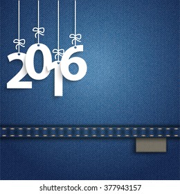 Blue jeans fabric with white paper sticker 2016. Eps 10 vector file.