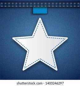 Blue jeans fabric with a white star with blue seam. Eps 10 vector file.