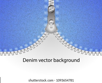 Blue jeans with metal unfasten or fasten zipper background. Space for text. Vector illustration.