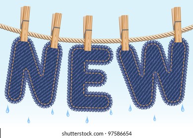Blue jeans NEW word drying on a clothesline