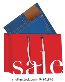 Blue Jeans in Red Shopping Bag With Sale Sign