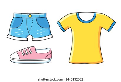 Blue jeans shorts, pink sneaker shoe and yellow t-shirt isolated cartoon vector, woman clothing set, summer casual wear.