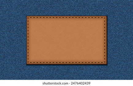 Blue jeans texture. Denim background. Leather badge, denim label.