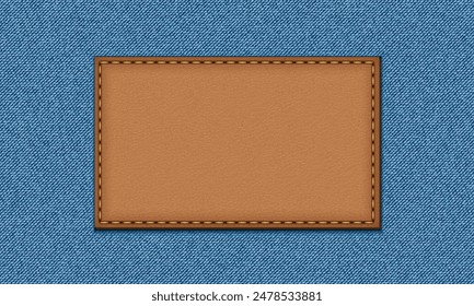 Blue jeans texture. Denim background. Leather badge, denim label.