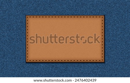 Blue jeans texture. Denim background. Leather badge, denim label.