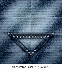 Blue jeans triangle design with stitches and sequins on denim.
