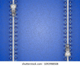 Blue jeans with two metal zippers background. Space for text. Vector illustration.