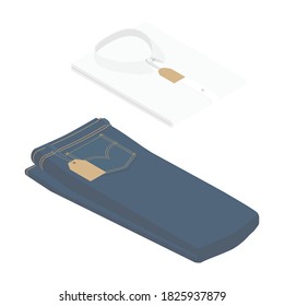 Blue jeans and white folded shirt with price tag isolated on white background isometric view. Vector