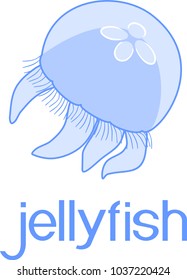 Blue jellyfish or Aurelia aurita on white background with title
