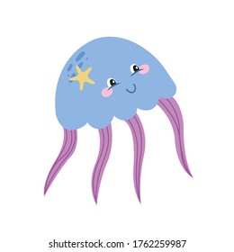 Blue jellyfish in beautiful style on deep blue background. Isolated vector illustration. Beautiful bright texture. 