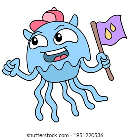 blue jellyfish carrying a flag, vector illustration art. doodle icon image kawaii.