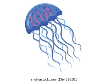 Blue jellyfish cartoon character vector illustration isolated on white background