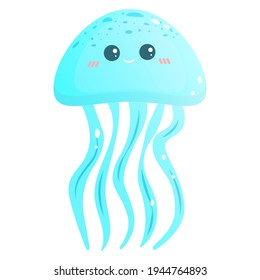 A blue jellyfish with a cheerful smile and eyes. Vector illustration. Sea jellyfish.
