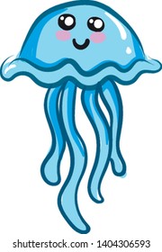 Blue jellyfish with a face that has black and white eyes, pink cheeks and black lips on a white background. It has 4 blue tentacles., vector, color drawing or illustration. 