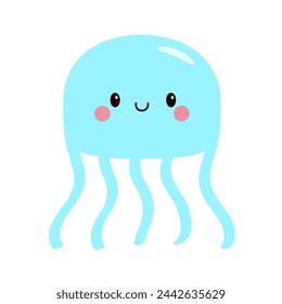 Blue jellyfish icon. Cute kawaii cartoon funny baby character. Blue color. Smiling face. Sea ocean animal. Kids education card, tshirt, sticker print. White background. Flat design. Vector