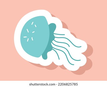 Blue jellyfish icon. Underwater life, seabed dweller, fish. Fauna and wild life. Social media sticker, poster or banner for website. Summertime. Ocean and sea. Cartoon flat vector illustration