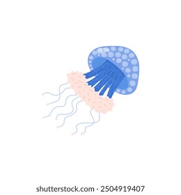 A blue jellyfish with light dots floating in the water. Phyllorhiza. Great spotted Australian jellyfish. Animal. Bell-shaped base and long tentacles. Marine life element. Vector illustration.