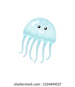 Blue jellyfish, ocean and underwater fish, colorful smiling medusa, glossy sea animal isolated on white. Decoration water object, danger element vector