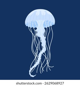 Blue jellyfish on a blue background. Marine animal. Flat illustration of sea jellyfish.