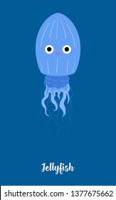 Blue jellyfish on blue background. The style cartoon. Vector