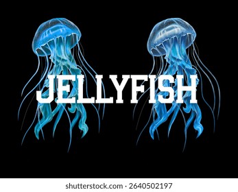 Blue jellyfish on black background and white text. Vector illustration of sea animals.