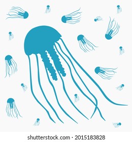 A lot of blue jellyfish on a white background. Beautiful marine monochrome illustration. The EPS10 vector.