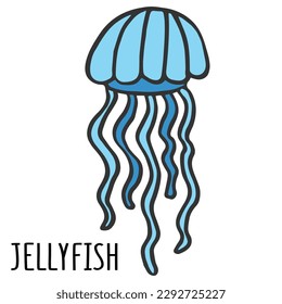 Mariscos azules en un fondo blanco. Elemento oceánico para libros, pegatinas, impresión. Ilustración vectorial de dibujos animados.