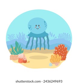 Blue jellyfish, sea animal against the backdrop of a sea or ocean landscape. Vector illustration