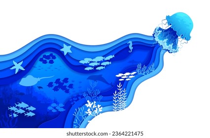 Las medusas azules y el papel marino cortan el paisaje subacuático con palas de peces y siluetas vectoriales de animales del océano. Bajo el agua ondas azules 3d marco con peces, delfines, caballitos de mar, pez estrella, algas marinas y corales