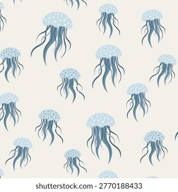 Blue Jellyfish Seamless Ocean Pattern on Soft Cream Coastal Background